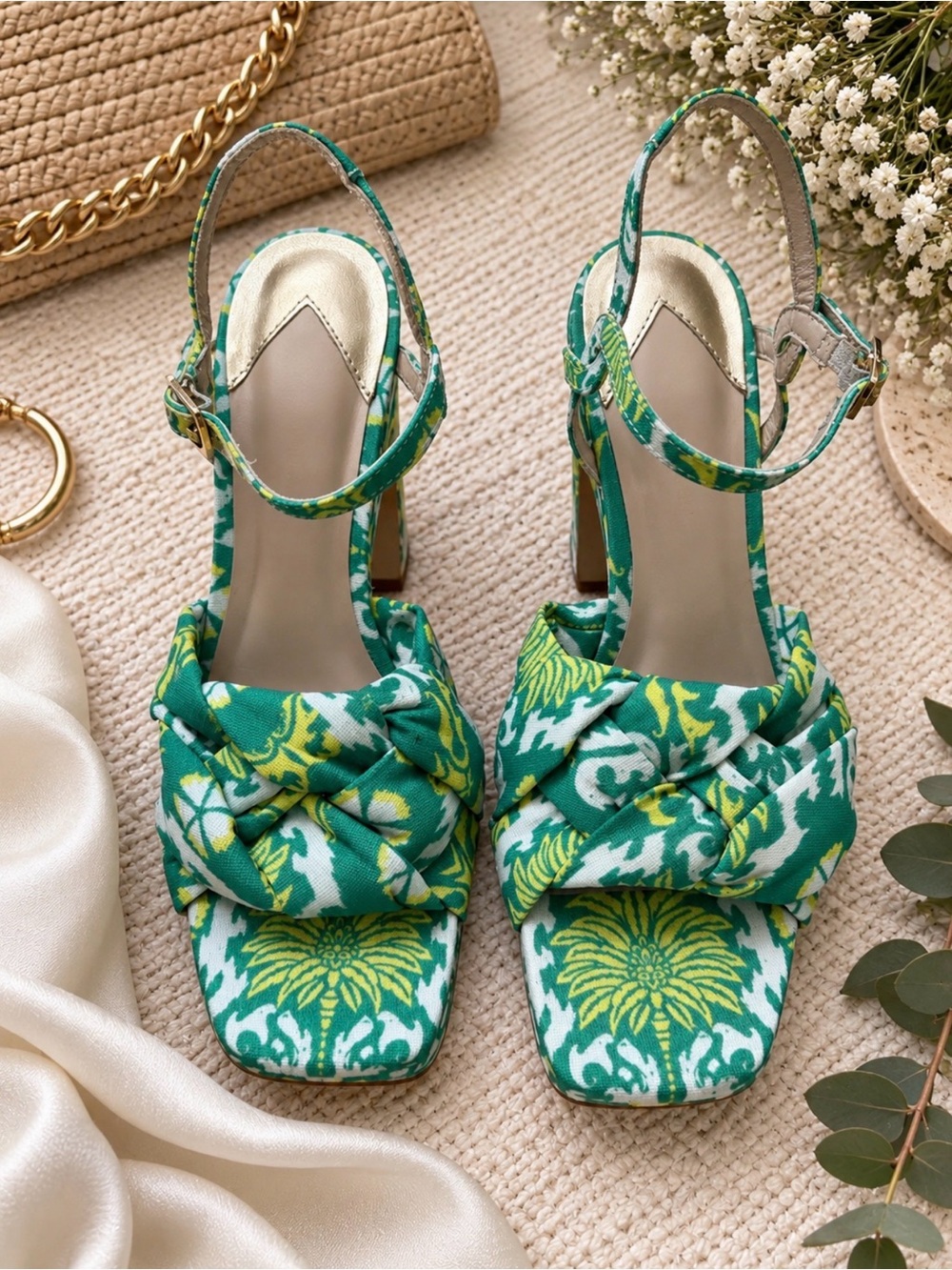 Mya Royal Palm Print Braided Platform Sandals